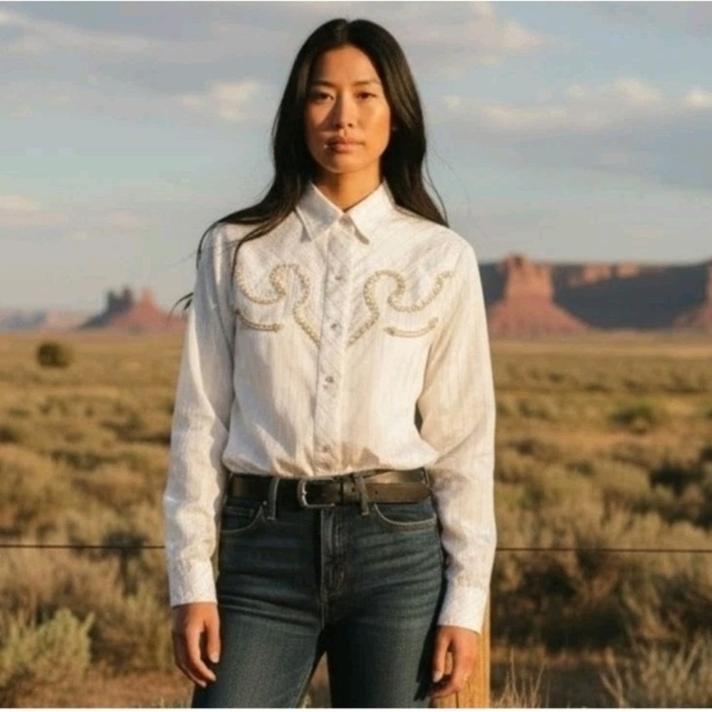 VTG 80s Panhandle Slim Womens Western Shirt Sz 12 White Lace Gold Trim Prairie